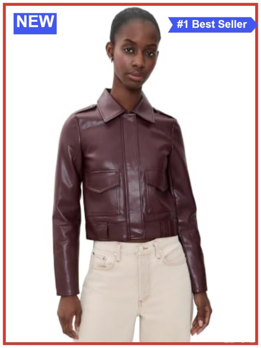 Shrunken Faux Leather Jacket Snap Flap Pockets Belt Loop Hem Coat